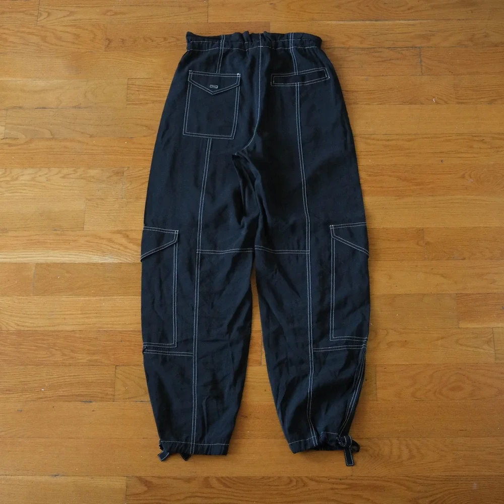 Ganni Wide-Leg Drawstring Cargo Pants Black Contrast Stitch Size 34 Utility